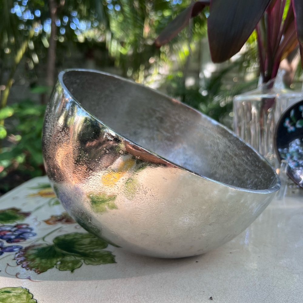 Unique Spectrum Tilted Silver Decorative Bowl approx 10” wide 7.5 inch high